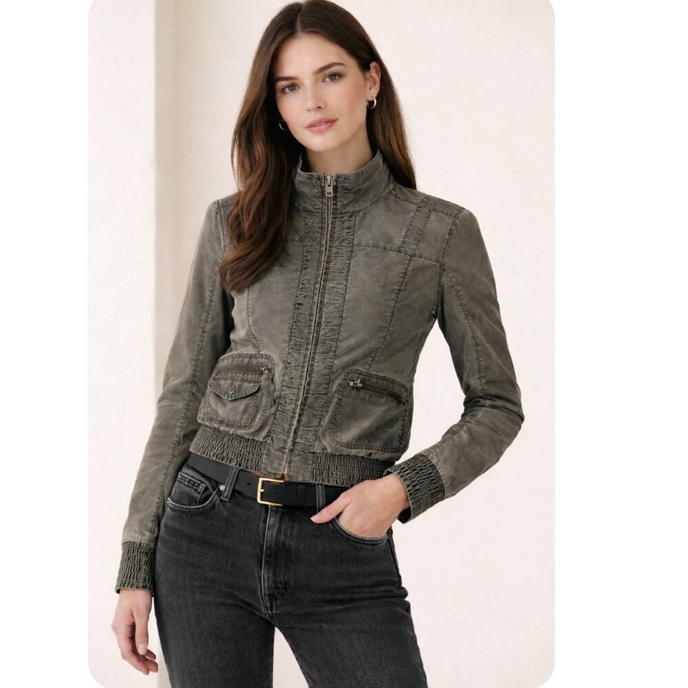 DKNY Jeans Y2K Embroidered Moto Jacket Ruched Zip Front Cropped